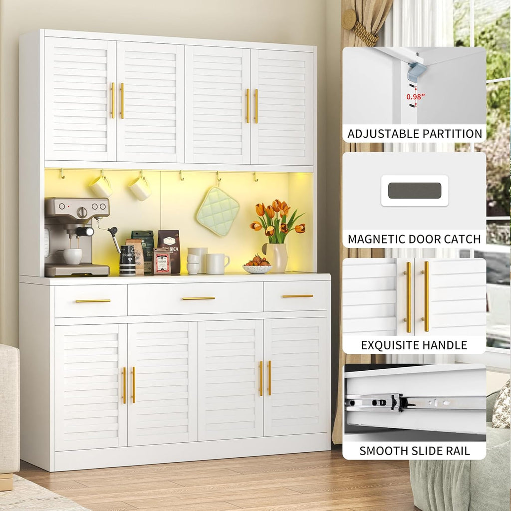 52" Wide Kitchen Pantry Cabinet with 6 Adjustable Shelves, 71" Tall Large Capacity Kitchen Hutch Storage Cabinet with Microwave Stand, 3 Storage Drawers for Dining Room, Kitchen, White