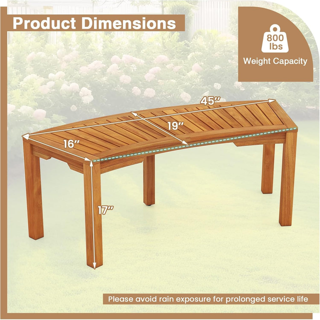 RELAX4LIFE Wooden Outdoor Curved Bench - Acacia Wood Garden Bench w/Slatted Seat, 2-Person Outside Backless Seating for Porch Backyard Deck Park, 800 LBS Load Capacity, Patio Fire Pit Bench (1, 45'')