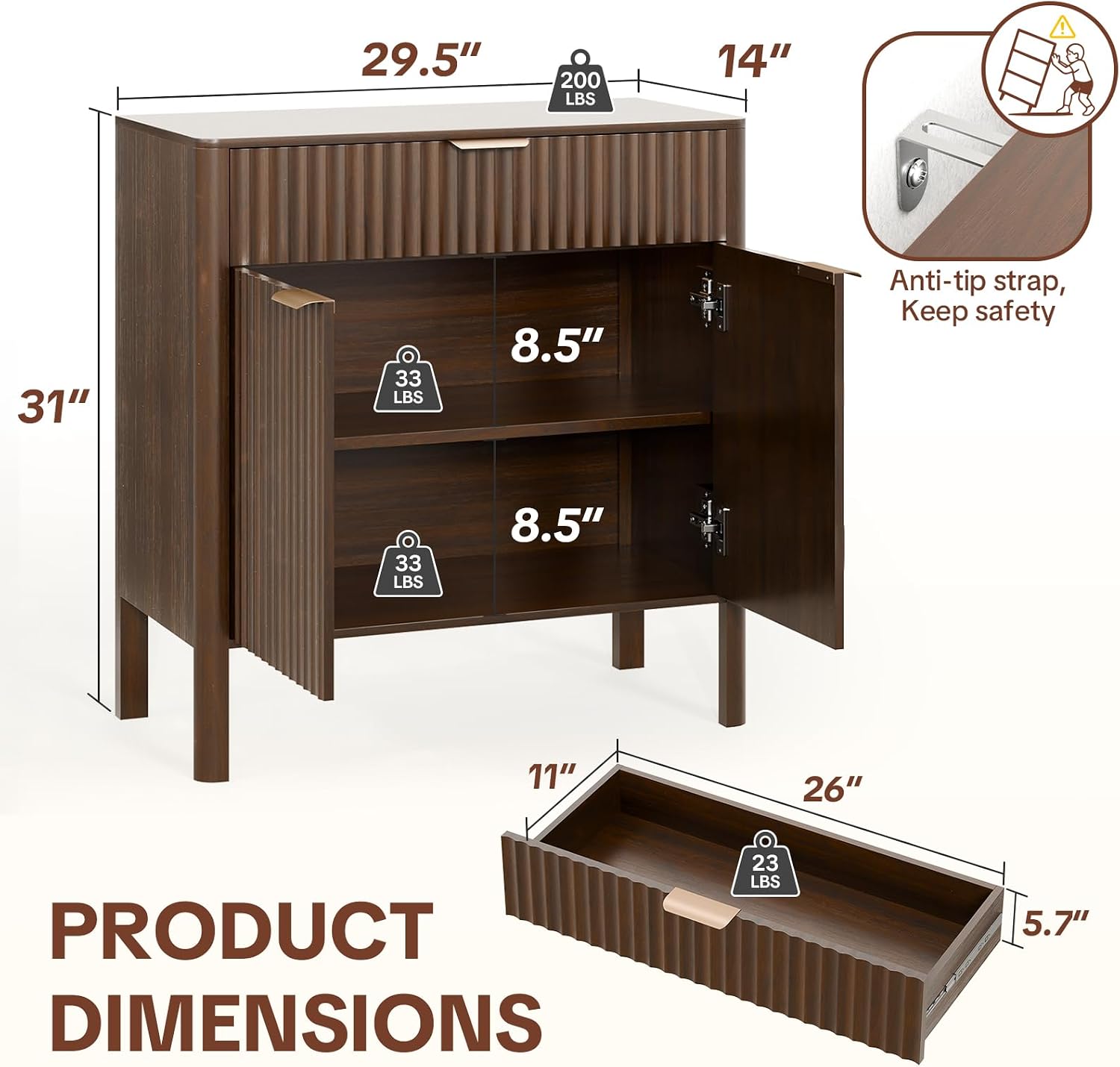 Fluted Buffet Cabinet Accent with Doors & Drawer 31" Walnut | Anti-tipping Design, Scratch & Water-resistant, Pre-drilled Easy Assembly Versatile for Kitchen, Entryway & Living Room
