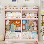 Kids Bookshelf, 8-Tier Bookshelf with Stuffed Animal Storage, Wooden Kids Bookcase and Toy Storage Organizer, Anti-Tipping Wall-Leaning Book Shelf for Kids Room, Playroom, Classroom. Pink