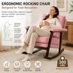 Nursery Rocking Chair, Pink Teddy Fabric Upholstered Rocking Accent Chair with Solid Wood Frame, High-Density Foam Cushion, Comfy Reading Armchair for Bedroom Nursery