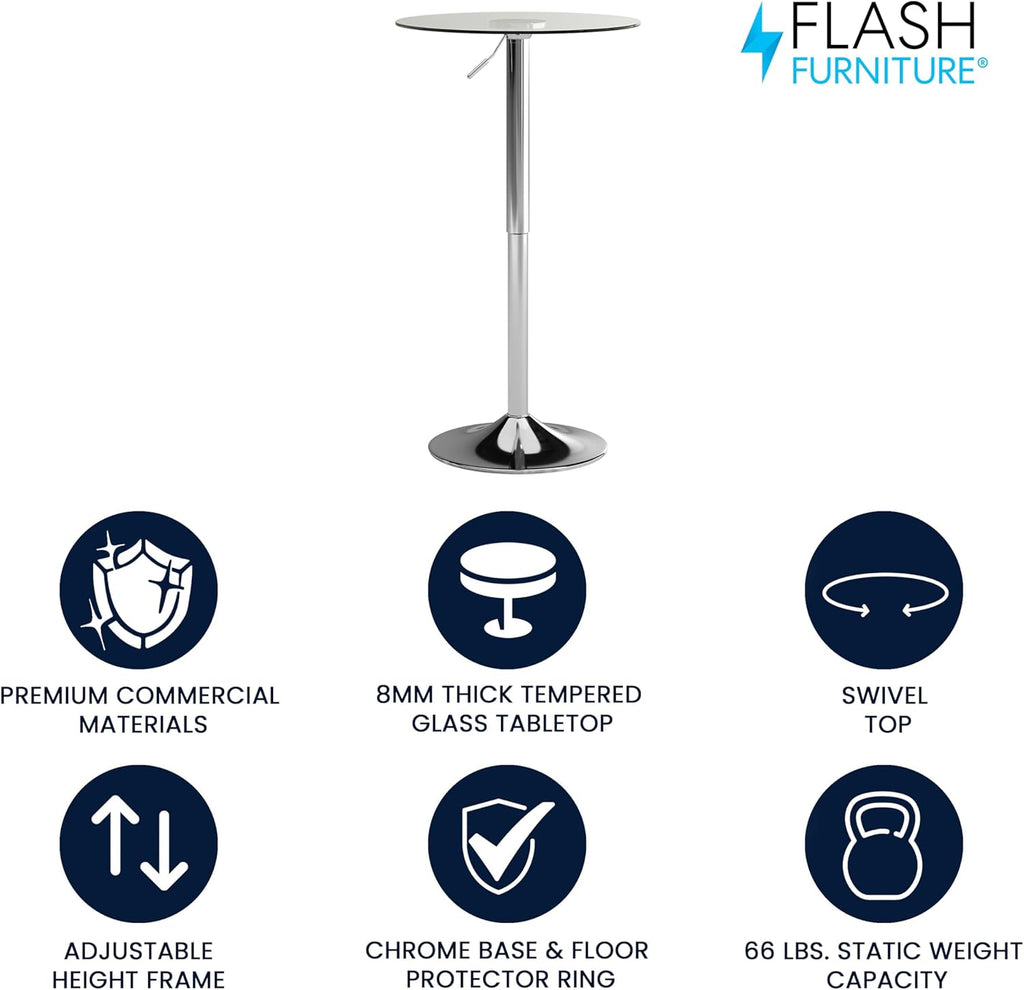 Flash Furniture Chad 23.5'' Round Glass Cocktail Table with Adjustable Height Frame, Bar Height Table for Commercial or Residential Use, Clear/Chrome