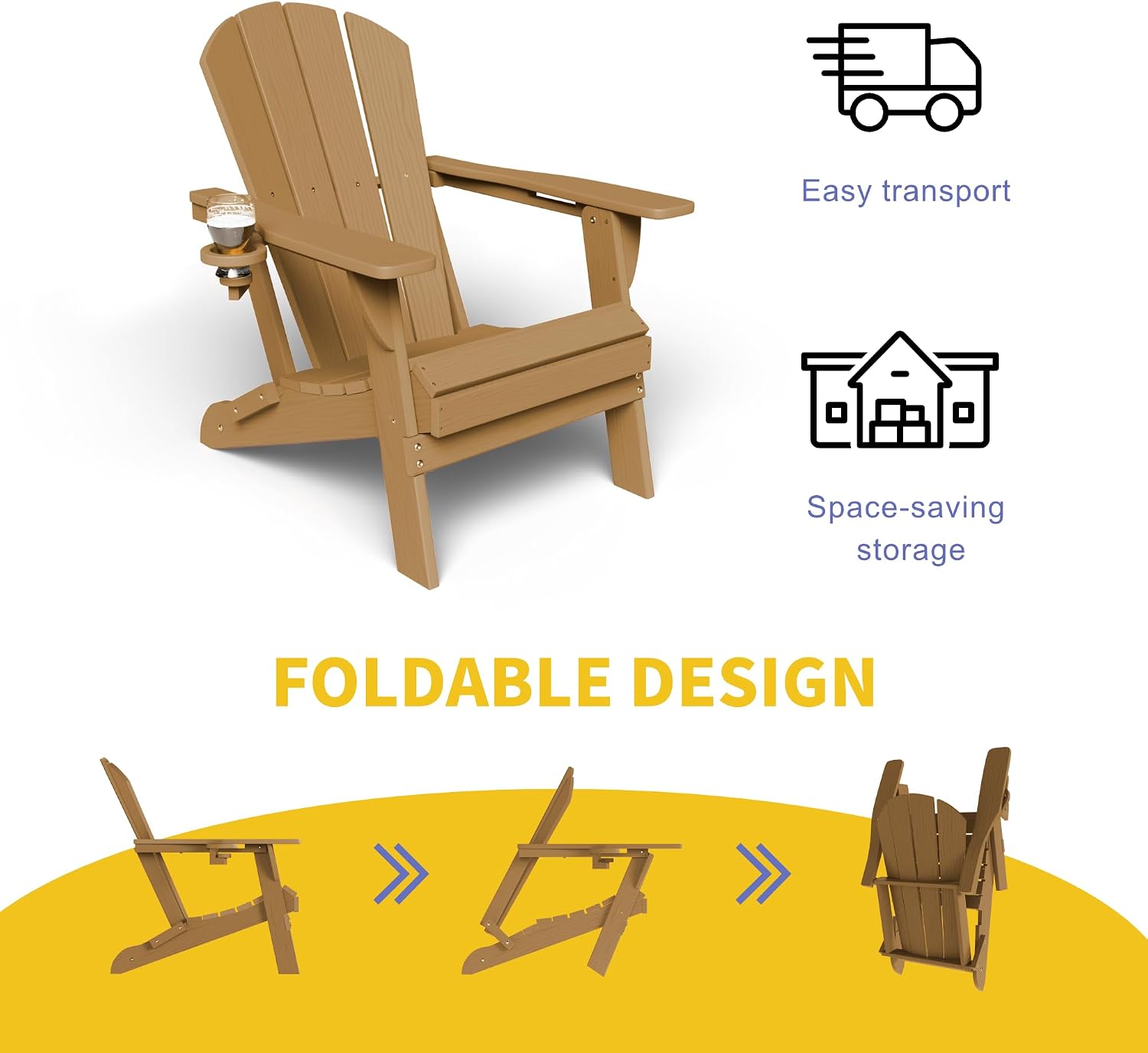 Kingdura Foldable Adirondack Chair, Portable HDPE All Weather Resistant Outdoor Patio Chairs, Wooden Textured with Cup Holder, 380LBS Capacity for Poolside, Backyard, Deck, Fire Pit (Brown)