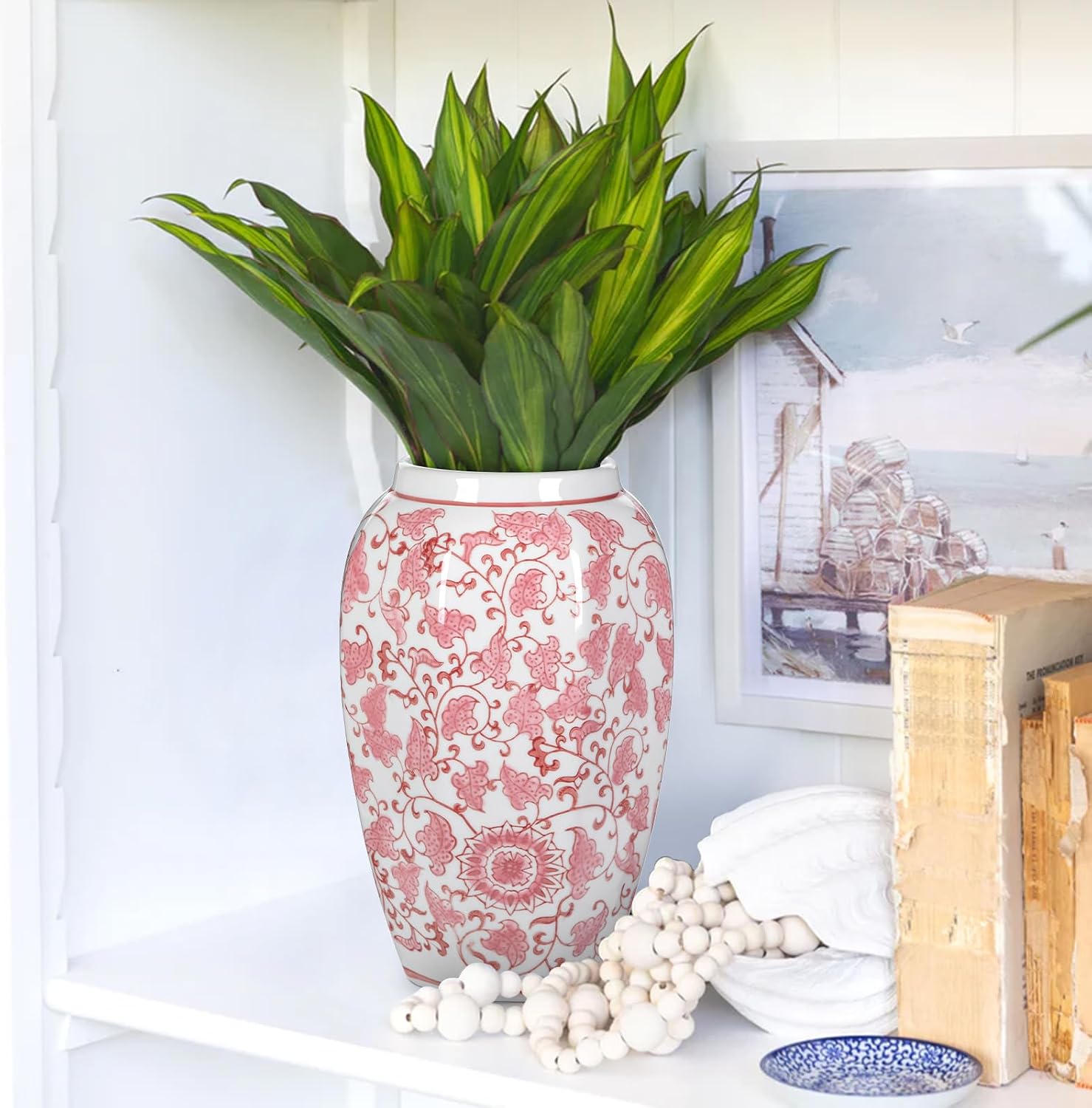 Pink Vase 8.5 Inch Traditional Chinoiserie Floral Vase Porcelain Ginger Jar Octagonal Vases Pink and White Porcelain Decor for Home, Living Room, Kitchen, Mantel, Shelf, Table
