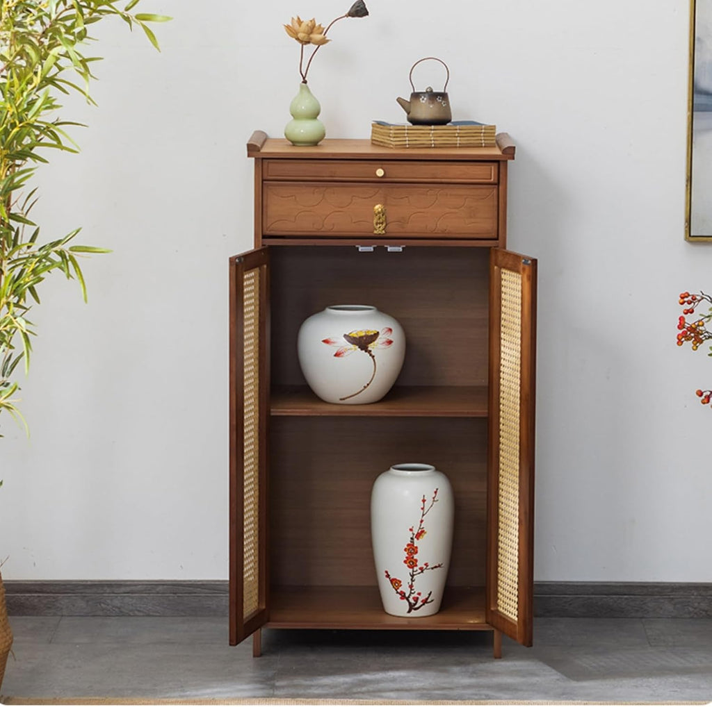 Altar Table with Double Door Storage & Layered Shelf,Chinese Style Buddhist Shrine Cabinet for Home Temple,Meditation Display Table with Vintage F Original Color L60xW38xH185cm/23.6x15x72.8in