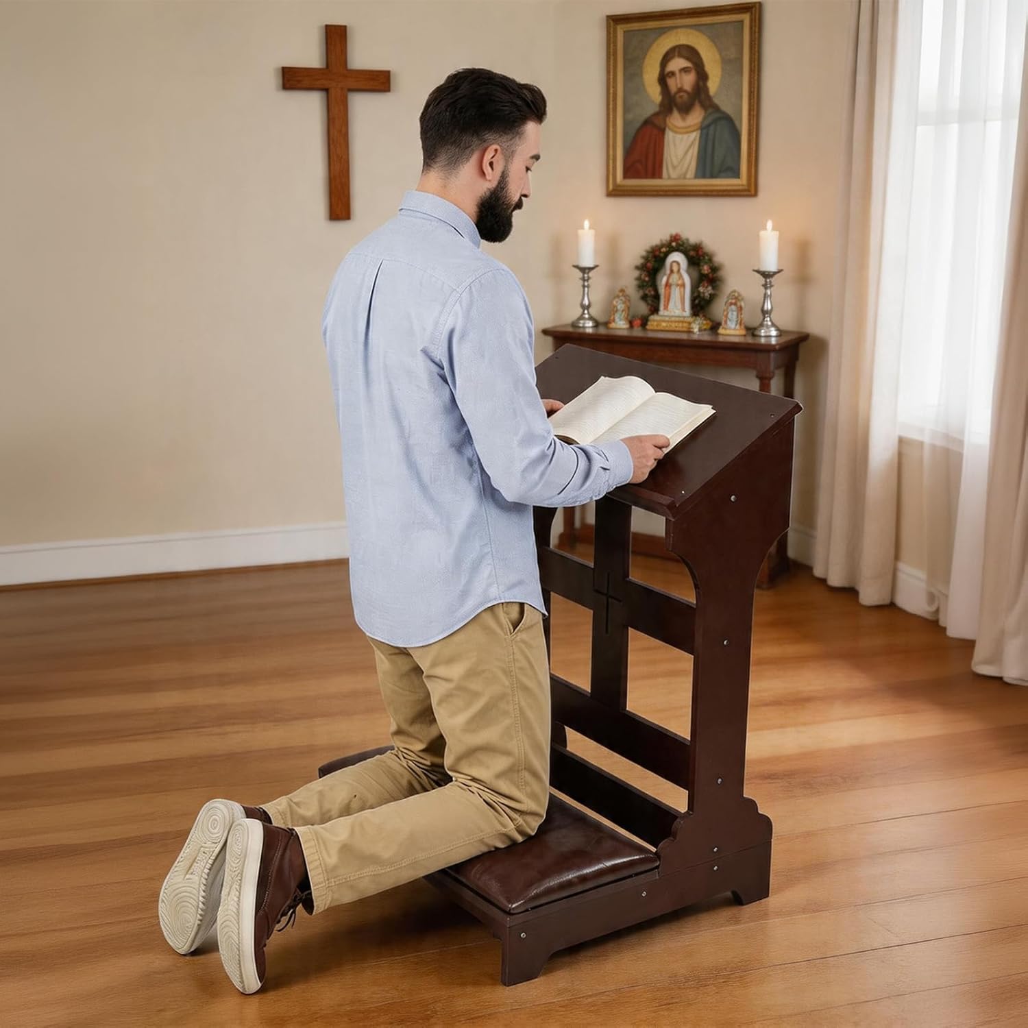 Prayer Kneeler, Wooden Prayer Bench for Kneeling, Kneelers for Praying at Home and Church, Prayer Stool with Soft-Padded Seat & Built-in Desktop, Ebony