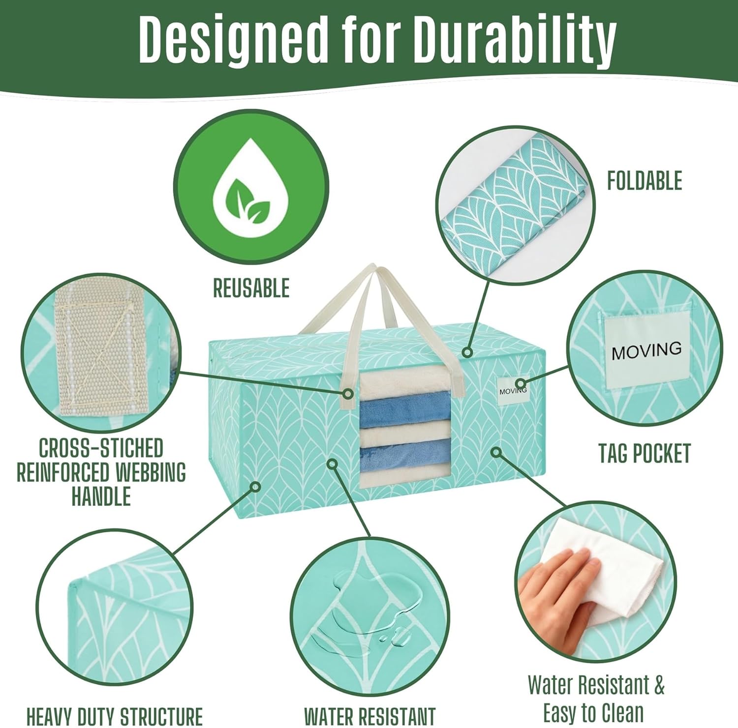 VENO 6 Pack Heavy Duty Moving Bags, Packing Bags with Clear Window, Alternative to Moving Boxes, Storage Bins for Clothes, Blankets, Comforters, College Dorm Essentials (Evergreen, 6 Pack)