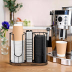Coffee Cup Holder 18oz 3-Compartment Paper Cup Dispenser Rack with Wood Base - Disposable Cup, Straw & Lid Organizer 3-in-1 Storage for Countertop, Coffee Bar, Kitchen, Office