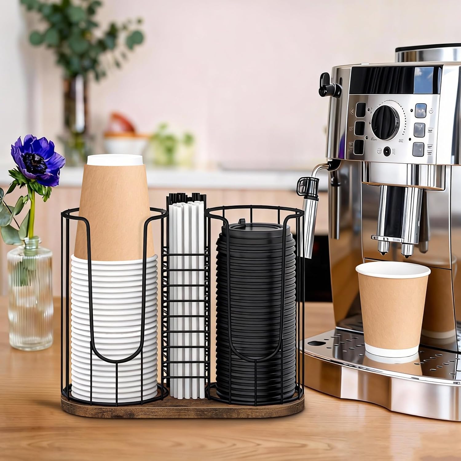 Coffee Cup Holder 18oz 3-Compartment Paper Cup Dispenser Rack with Wood Base - Disposable Cup, Straw & Lid Organizer 3-in-1 Storage for Countertop, Coffee Bar, Kitchen, Office