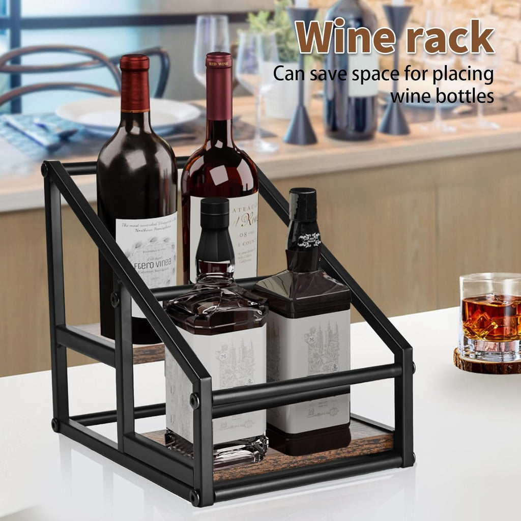 YQBRAO Coffee Syrup Rack Organizer,Liquor Bottle Display Shelf,2-Tier 4 Bottle Stand for Coffee Bar, Kitchen Station, Liquor, Wine, Dressing,Rustic Brown