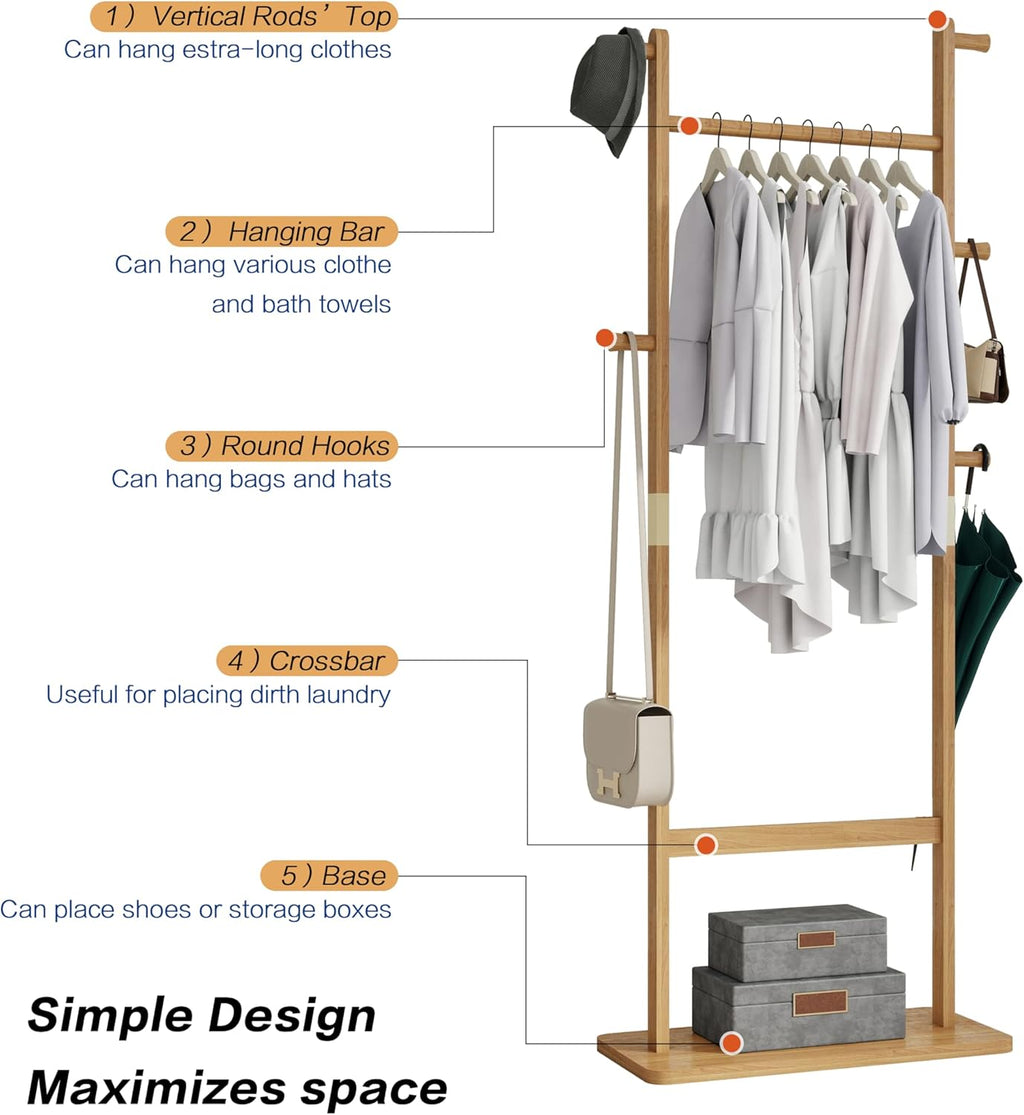 Solid Wood Coat Rack, Freestanding Clothing Hanging stand with 5 Hooks, Clothes Rack Coat Tree Stand Hat Hanger Rack Hall Tree for Entryway Hallway Organizer for Bedroom, Living Room, Burly Wood
