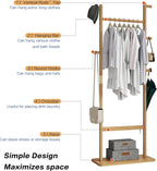 Solid Wood Coat Rack, Freestanding Clothing Hanging stand with 5 Hooks, Clothes Rack Coat Tree Stand Hat Hanger Rack Hall Tree for Entryway Hallway Organizer for Bedroom, Living Room, Burly Wood