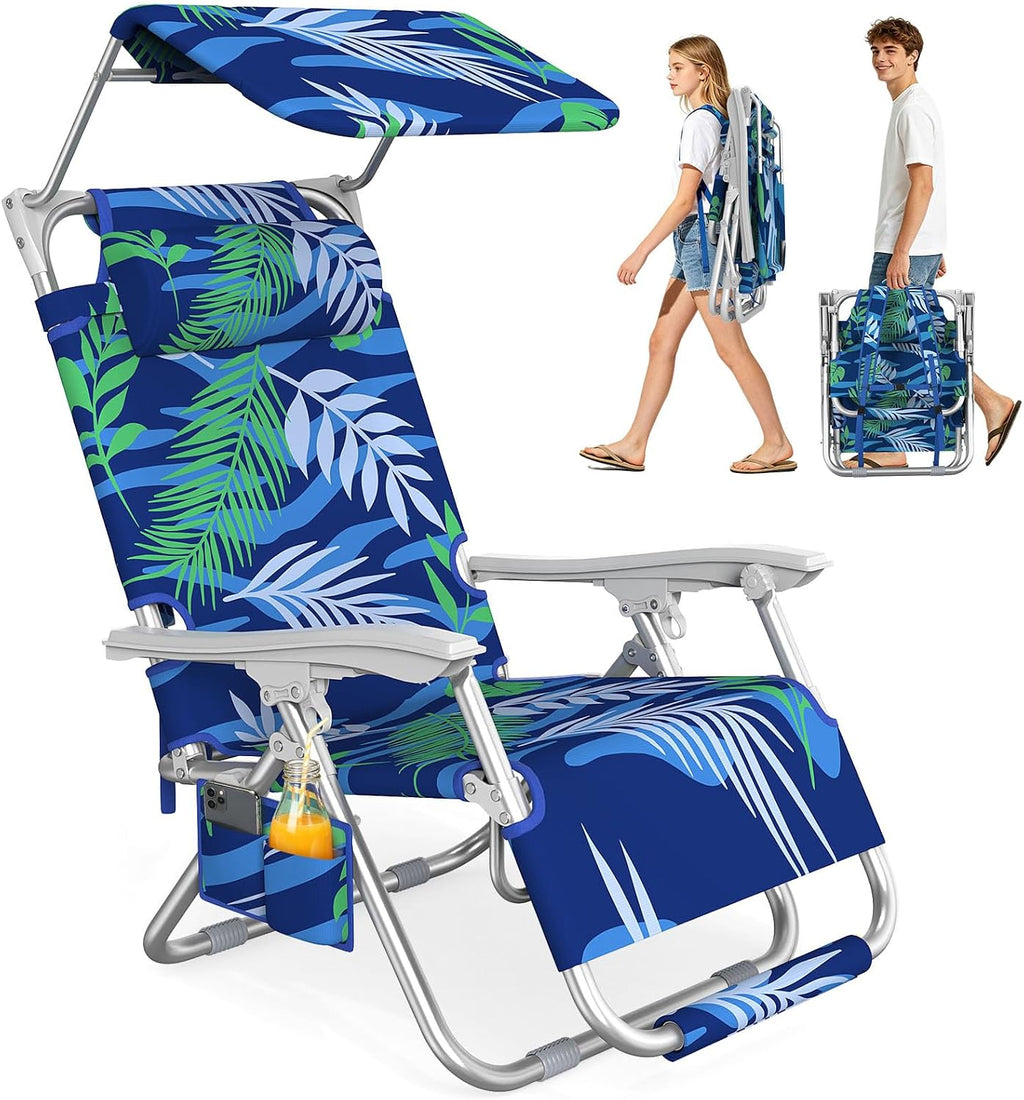 Suteck Zero Gravity Beach Chair with Canopy, Backpack Beach Chairs for Adults, Lightweight Adjustable Reclining Beach Chair with Shade, Folding Lay Flat Chair for Beach Poolside Outdoor