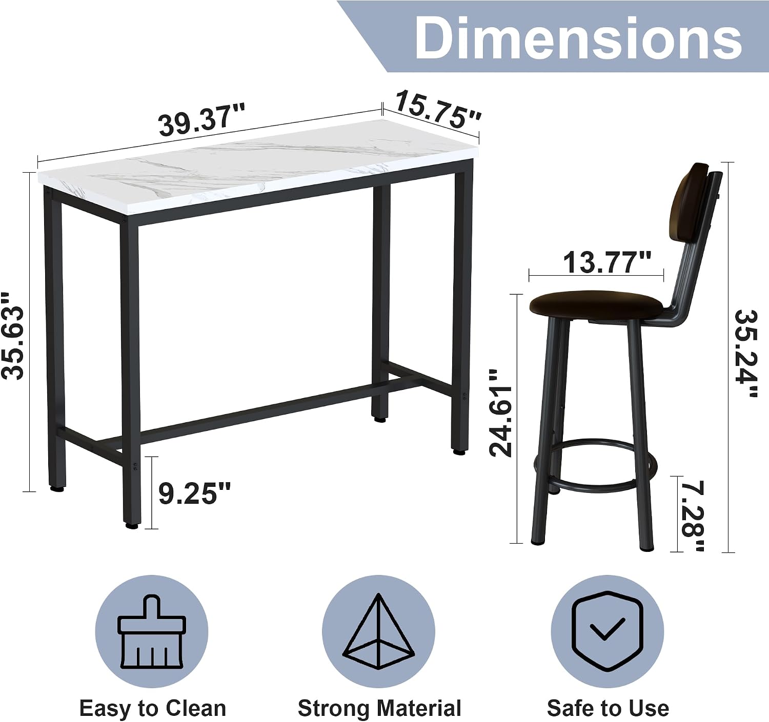 AWQM 3 Piece Bar Table Set of 2,39.3" Pub Bar Table and Chairs Set,Faux Marble Bar Height Table with 2 Backrest Stools,Small Dining Table for 2,Kitchen Table Set for Small Space,White & Brown