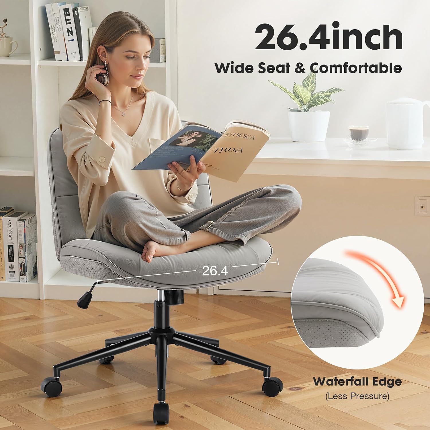 Sweetcrispy Criss Cross Chair with Wheels, Wide Seat PU Leather Armless Office Desk Vanity Chair, Comfortable Adjustable Swivel Computer Task Chairs for Bedroom, Small Space Make Up, Grey