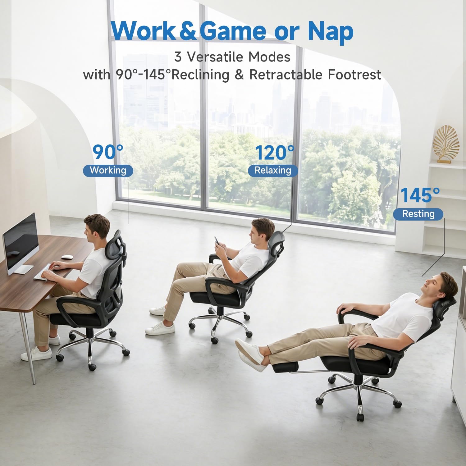Ergonomic Office Chair with Footrest, 90-145° Reclining Gaming Chair with Adjustable Lumbar Support & Headrest, High Back Mesh Computer Chair for Home Office, 350lbs Capacity