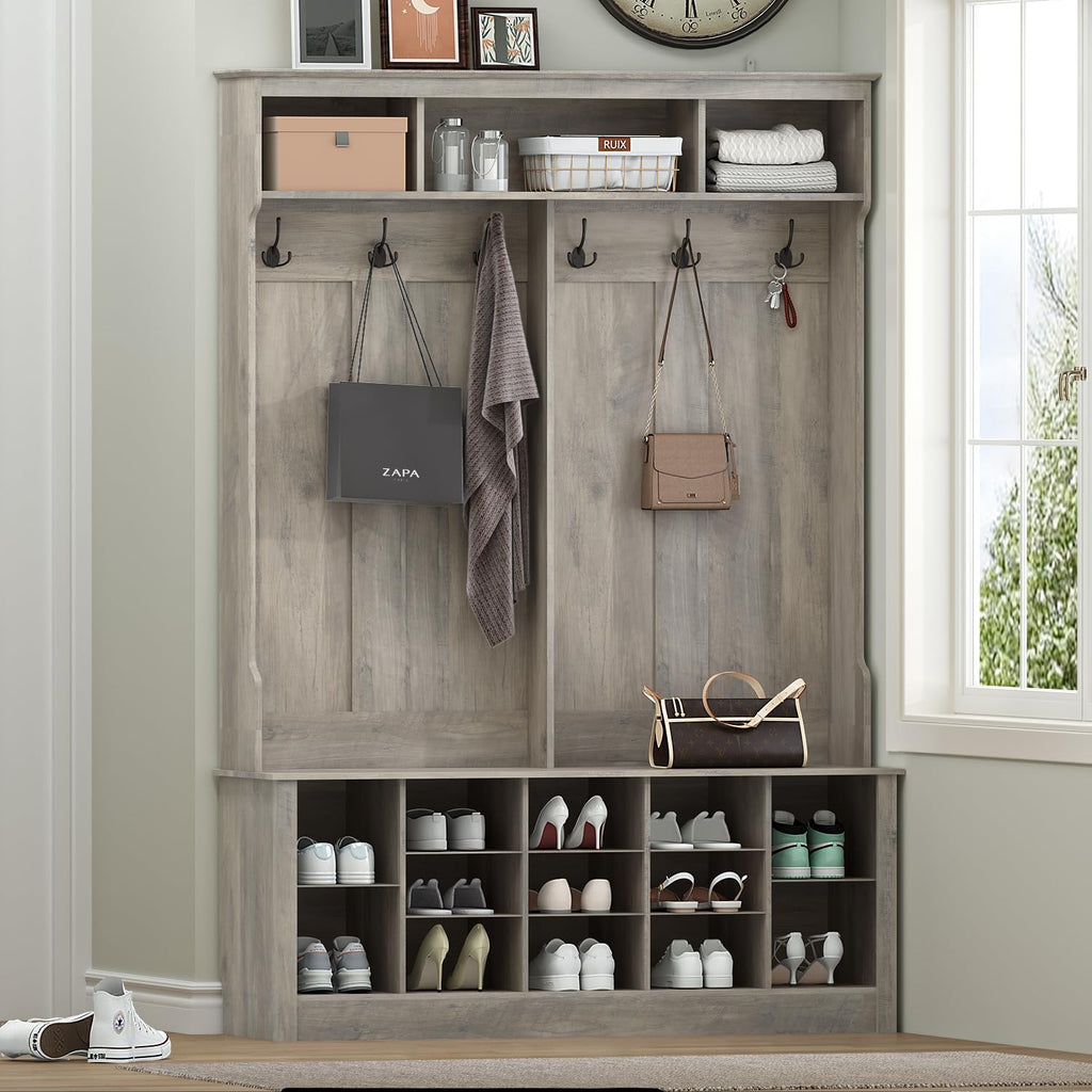 Wodeer Hall Tree with Bench and Shoe Storage, 53" Farmhouse 4-in-1 Mudroom Storage Organizer with Coat Rack, 6 Hooks, 12 Shoe Cubbies, Adjustable Shelf, for Entryway, Hallway, Living Room, Grey