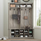Wodeer Hall Tree with Bench and Shoe Storage, 53" Farmhouse 4-in-1 Mudroom Storage Organizer with Coat Rack, 6 Hooks, 12 Shoe Cubbies, Adjustable Shelf, for Entryway, Hallway, Living Room, Grey