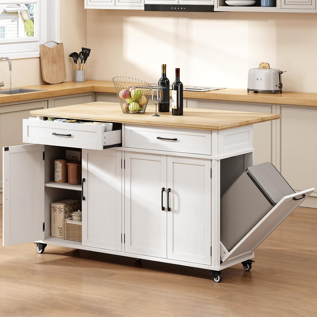 ONBRILL 55'' Kitchen Island with Storage and Solid Rubberwood Top, Kitchen Storage Island on Wheels with 2 Drawers, Rolling Island Table with Adjustable Shelves for Dining Room& Kitchen, Off White