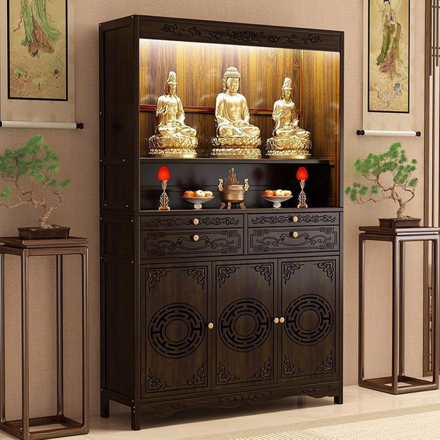Buddhist Altar Cabinet, Wooden Meditation Table with Storage, Large Personal Shrine Table for Mindfulness and Practice