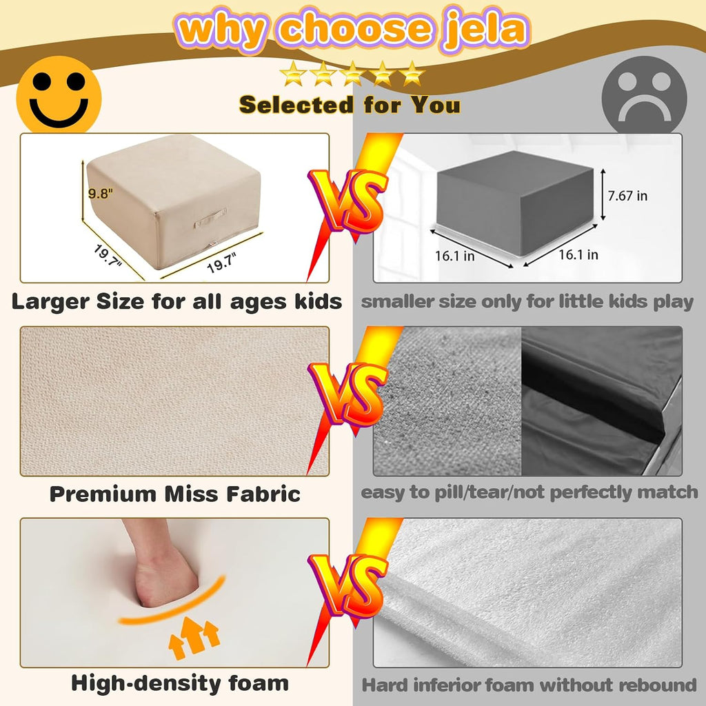 jela Kids Foam Climbing Blocks 6Pcs Soft Play Equipment Luxury Miss Fabric Toddler Climbing Toys Indoor, Lightweight Climbing Blocks for Babies, Kids, Climb and Crawl Foam Playset (Sand Beige)