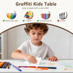 Kinder King Kids Table & 2 Chairs Set, Height Adjustable Children Activity Table w/Storage, Graffiti & Building Blocks Tabletop, Toddler Furniture Set for Classroom, Daycare, Home, Age 3+, Grey