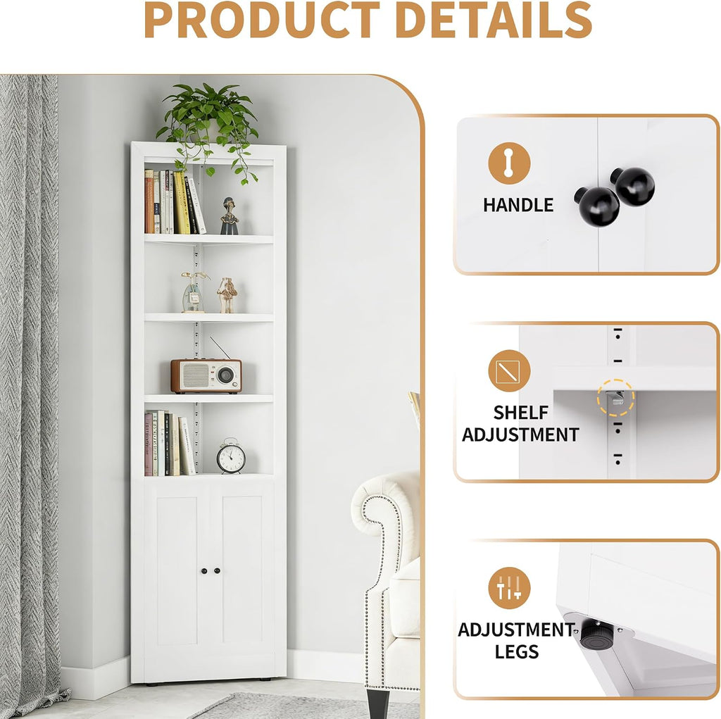 Tall Corner Pantry Cabinet for Living Room, 71 Inch 5-Tier Metal Corner Kitchen Cabinet, Adjustable Shelves, Floor Corner Bathroom Cabinet with Storage Shelves for Laundry Room, Space Saving, White