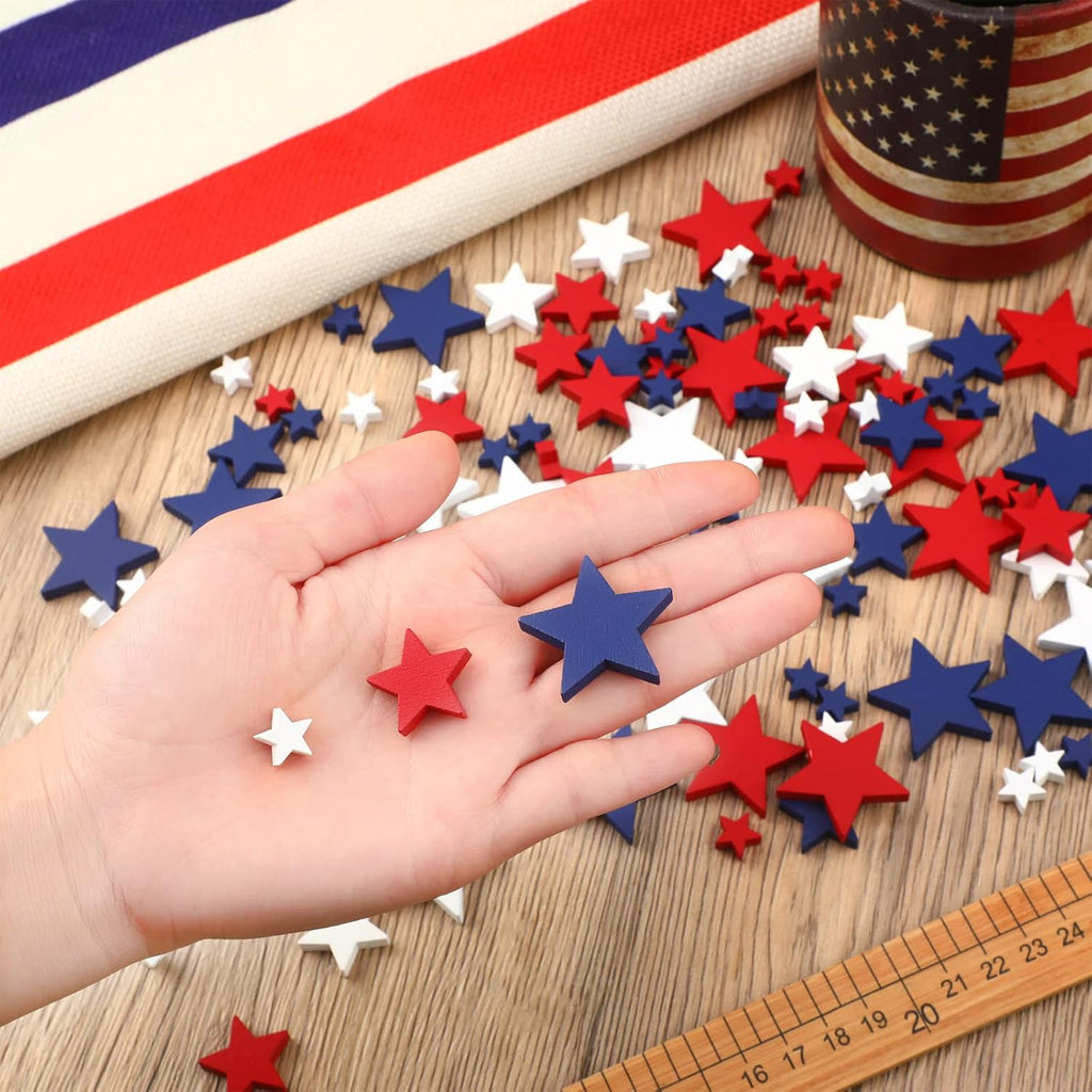 Bucherry 120 Pcs 4th of July Patriotic Wood Stars Red White Blue Crafts 250th Anniversary Independence Memorial Veterans Day DIY Craft Vase Bowl Filler Table Tiered Tray Decoration (0.4,0.8,1.2 Inch)