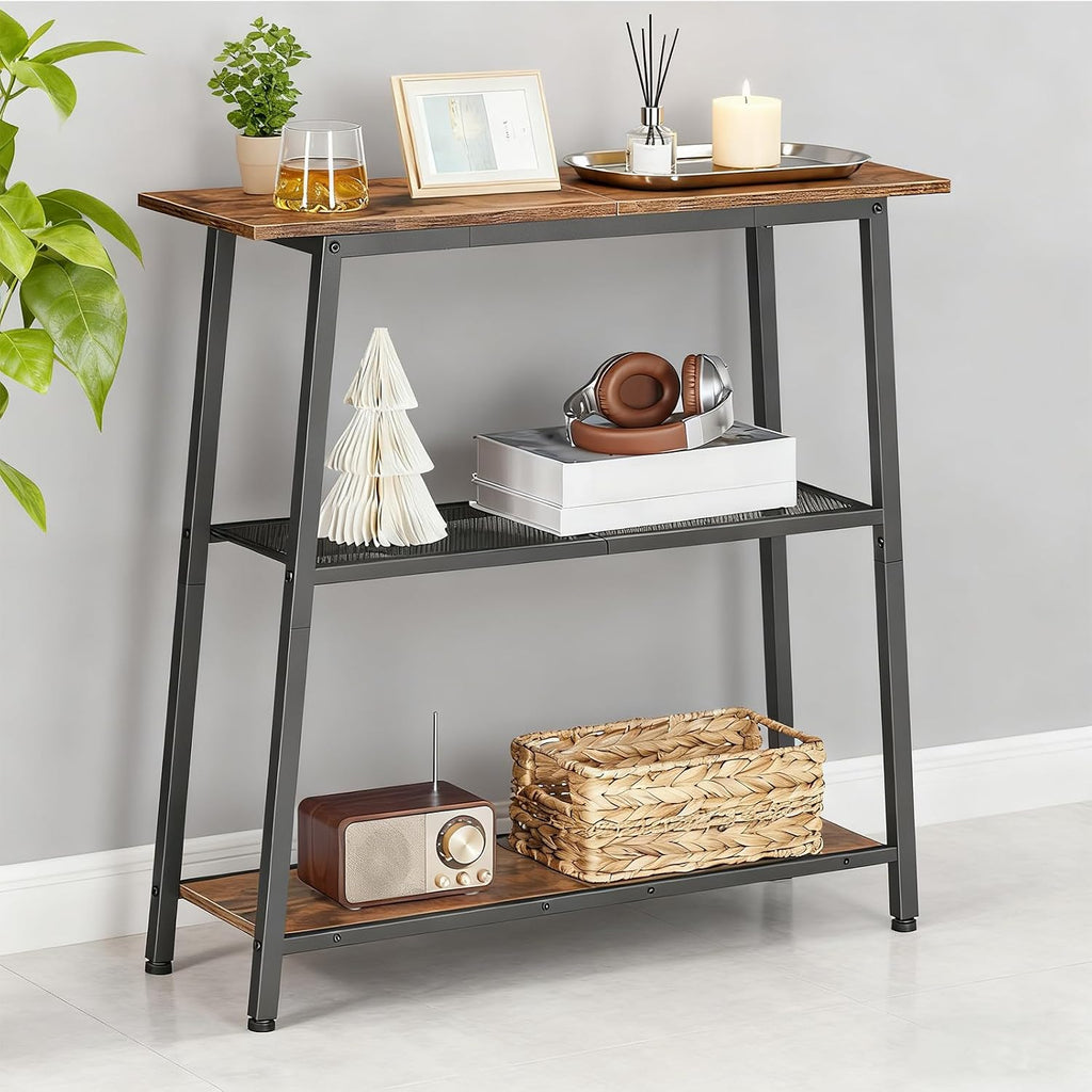 HOOBRO Narrow Console Table, 3-Tier Small Entryway Table with Storage Shelves, Behind Couch Sofa Table, Hallway Table for Entryway, Foyer, Hallway, Living Room, Rustic Brown and Black BF62XG01