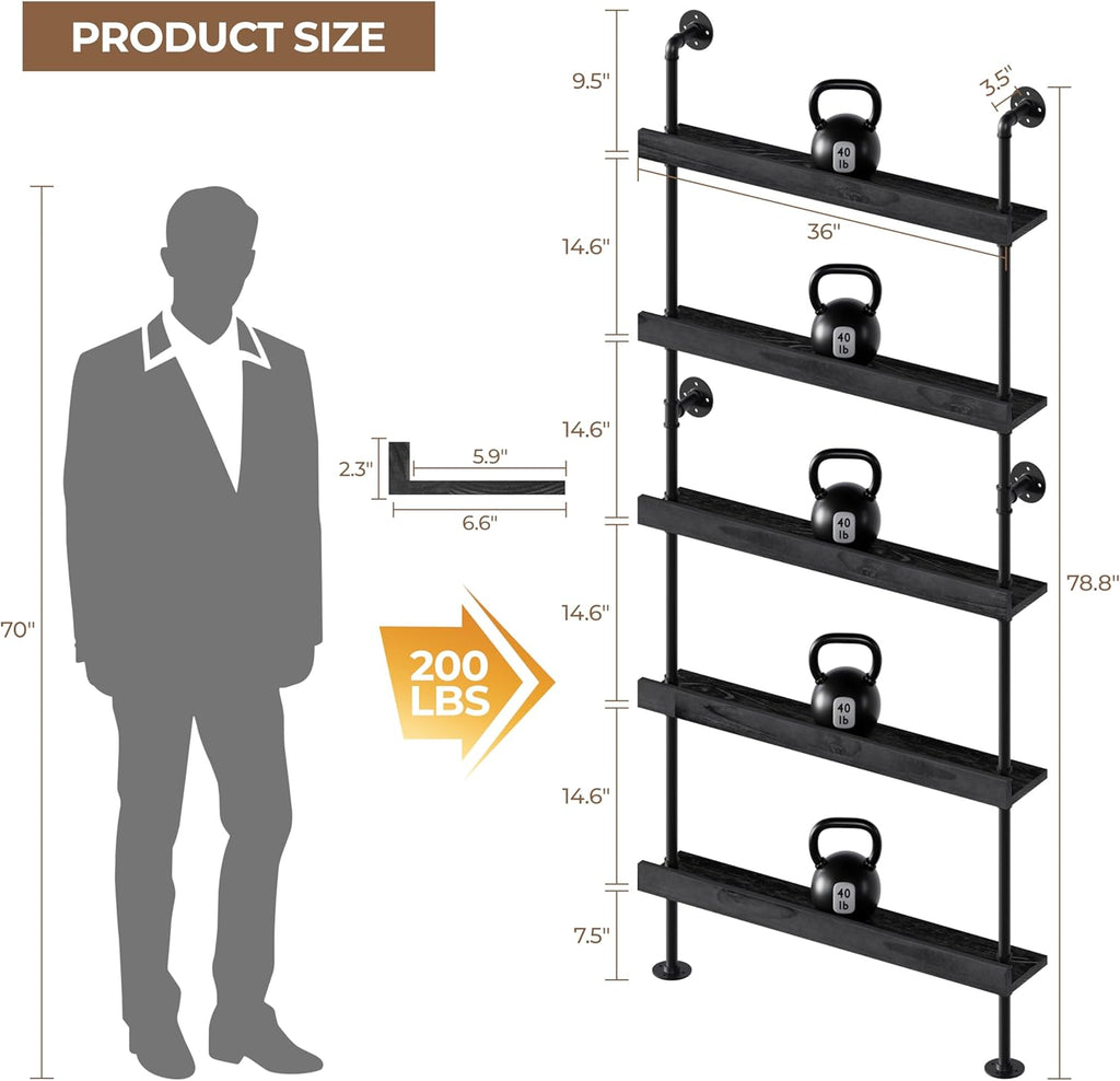 Industrial Wine Rack Wall Mounted, Industrial Pipe Bar Shelf for Wine Display, 5-Tier Rustic Hanging Organizer for Wine Bottle Storage in Kitchen, Bar, Pub, Cellar(Black, 36 Inch)