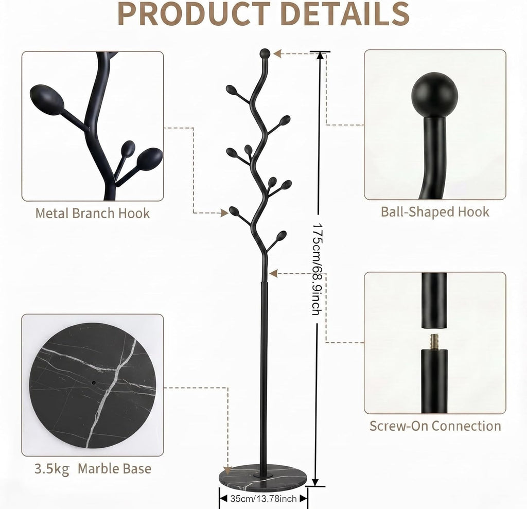 Freestanding Tree Branch Coat Rack with Marble Base, Gold Decorative Standing Coat Rack with 8 Hooks, Sturdy Heavy Duty Metal Coat Hanger Stand for Entryway Bedroom Living Room (All Black)