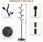 Freestanding Tree Branch Coat Rack with Marble Base, Gold Decorative Standing Coat Rack with 8 Hooks, Sturdy Heavy Duty Metal Coat Hanger Stand for Entryway Bedroom Living Room (All Black)