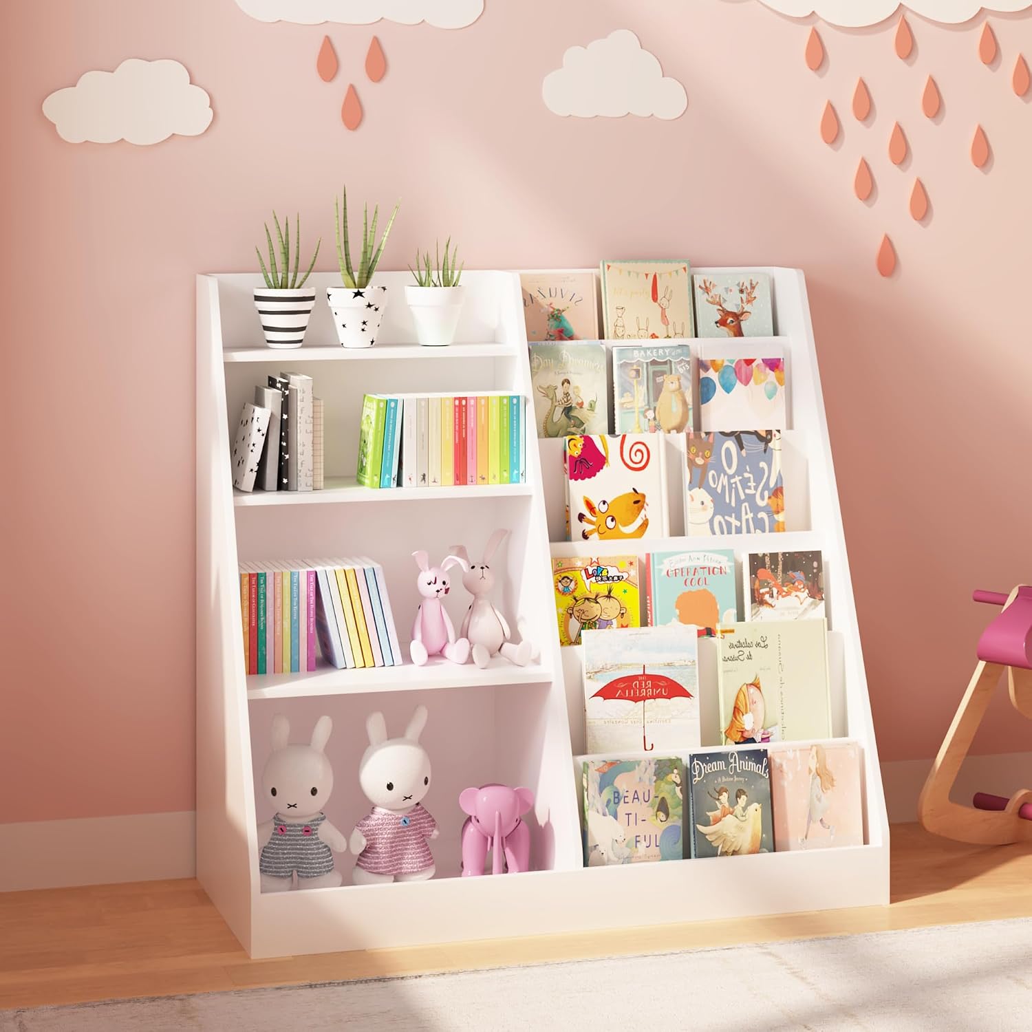 6 Tier Kids Wooden Bookshelf and Toy Storage, Children Toy Organizer with Book Shelves, Easy Assembly, Toddler BookRack Baby Bookcase for Nursery, Playroom and Classroom, White (White)