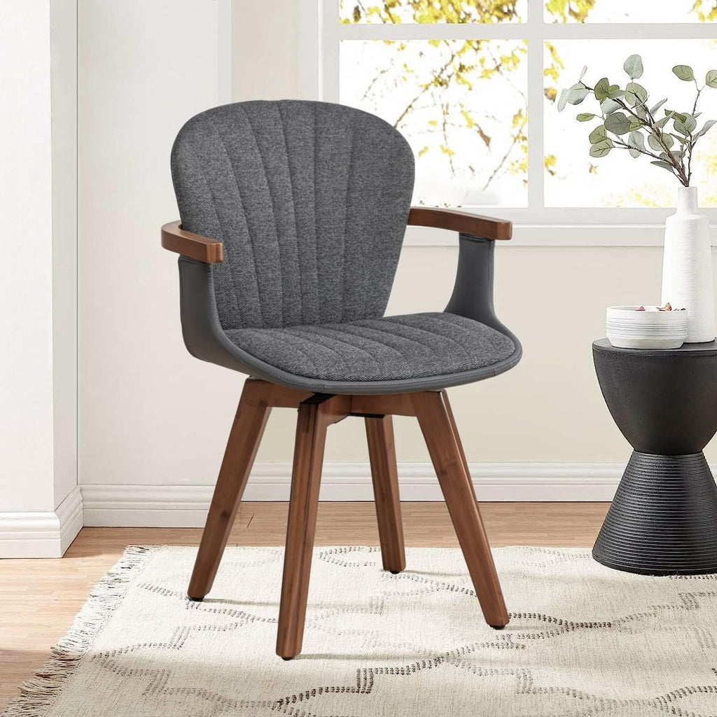 LUNLING Swivel Dining Chairs, Mid Century Modern Gray Fabric+Faux Leather Kitchen Chairs with Arms,Bamboo Legs Side Chairs No Wheels,Accent Chair for Dining Rooms and Offices,Gray Fabric,1PCS