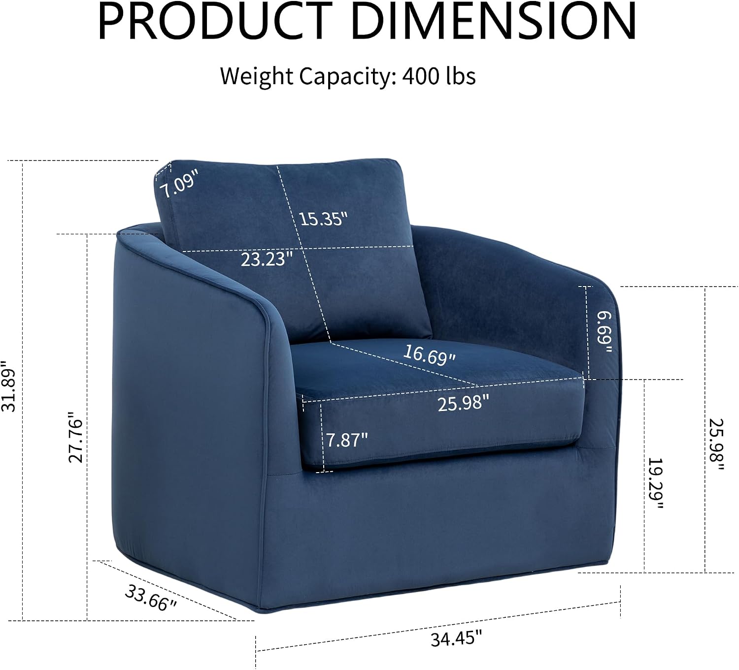 MINCETA Swivel Accent Chairs, Oversized Swivel Barrel Chair with High Density Foam, Velvet Fabric Reading Chairs, Upholstered Armchair for Living Room, Bedroom, No Assembly, Blue