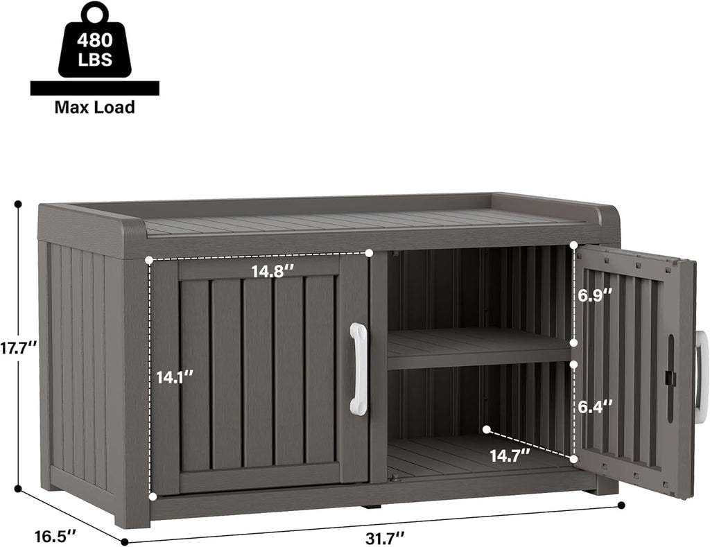 Outdoor Shoe Bench, Waterproof UV-Resistant Indoor Resin Shoe Cabinet, Entryway Shoe Storage with 2 Doors, Living Room, Bedroom, Gray (Two-Door)
