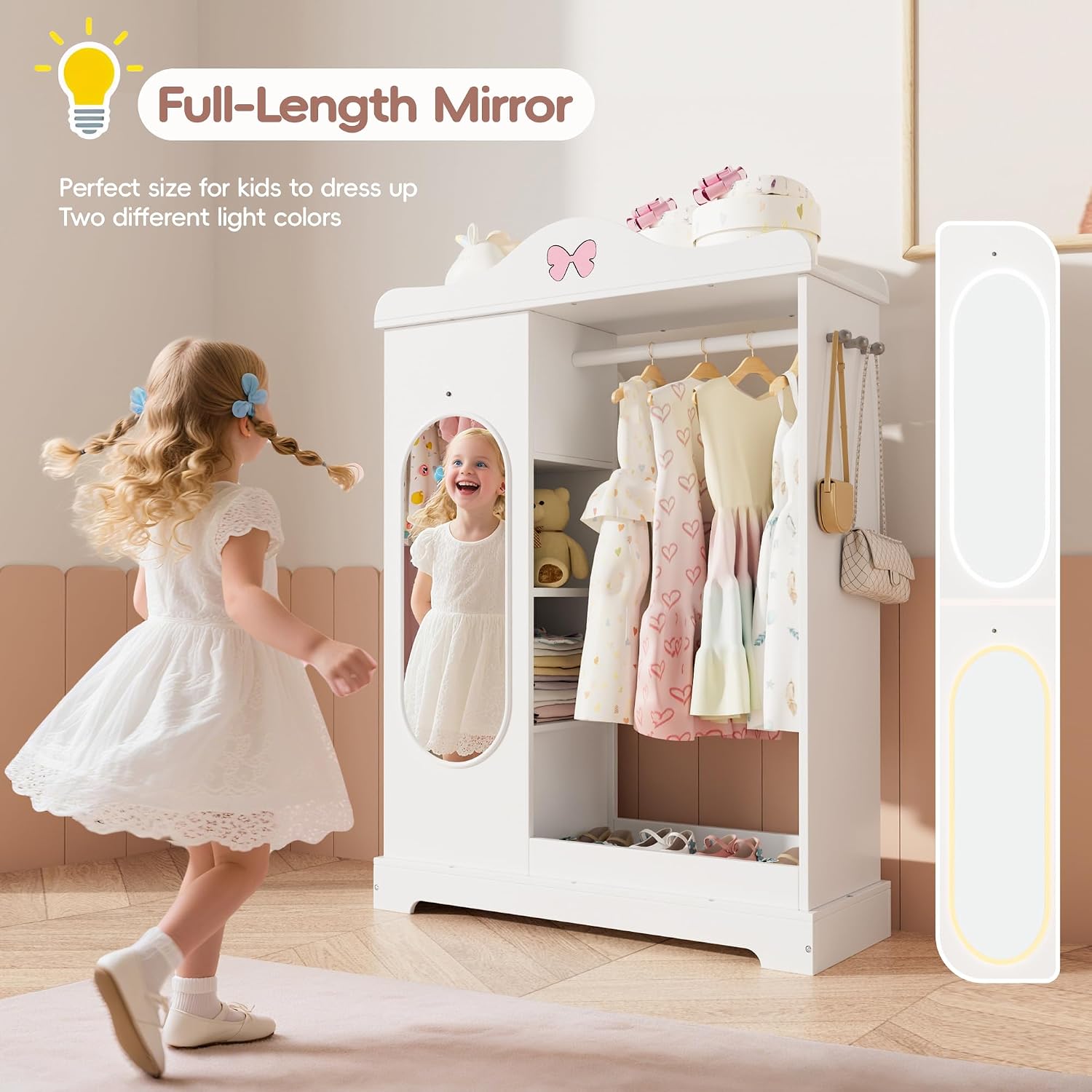 Kids Armoire with Jewelry Cabinet, Kids Dress Up Storage wth Shelves, Girls Wardrode Costume Organizer with Mirror, Children Closet with Armoire (White)