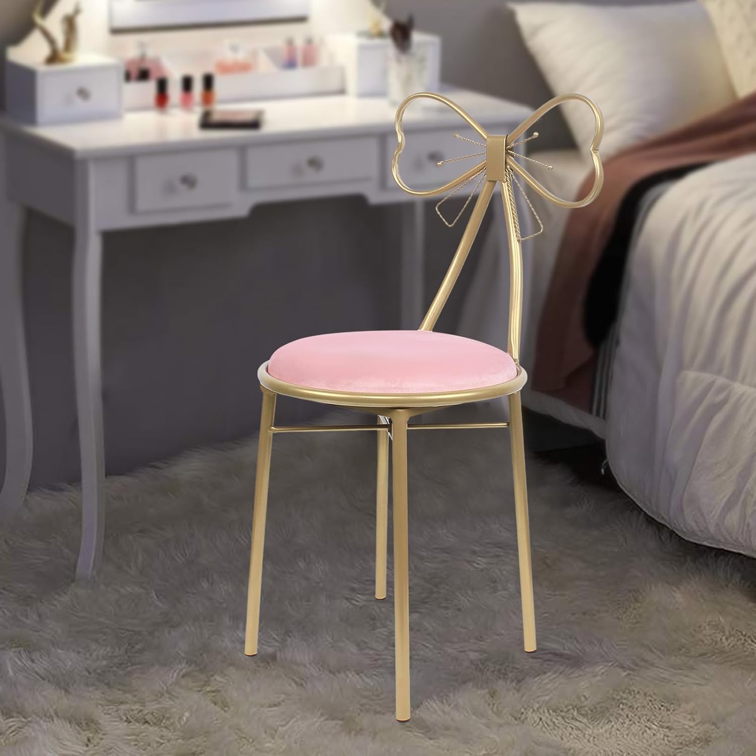 Velvet Vanity Chairs, Metal Cute Butterfly Stool Chair Dresser Makeup Chairs Stool with Pink Velvet Cushion and Bow Knot Backrest for Girl Bedroom, Living Room (Light Pink)