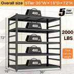 Metal Bookshelf with Sides,Adjustable 72" Tall Industrial Bookcase,5 Tier Heavy Duty Shelving Unit,2000LBS Book Storage Shelves,Wide Book Shelf for Bedroom,Living Room,Home,Office,72H×36W×16D,Black