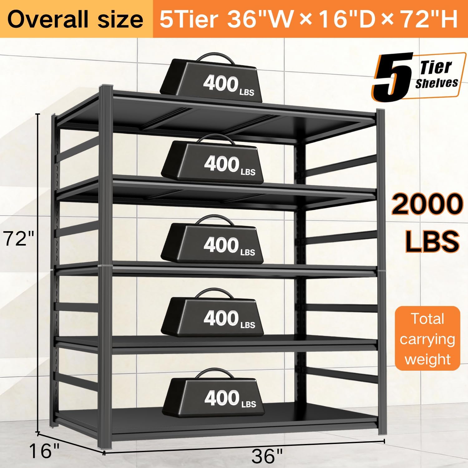 Metal Bookshelf with Sides,Adjustable 72" Tall Industrial Bookcase,5 Tier Heavy Duty Shelving Unit,2000LBS Book Storage Shelves,Wide Book Shelf for Bedroom,Living Room,Home,Office,72H×36W×16D,Black