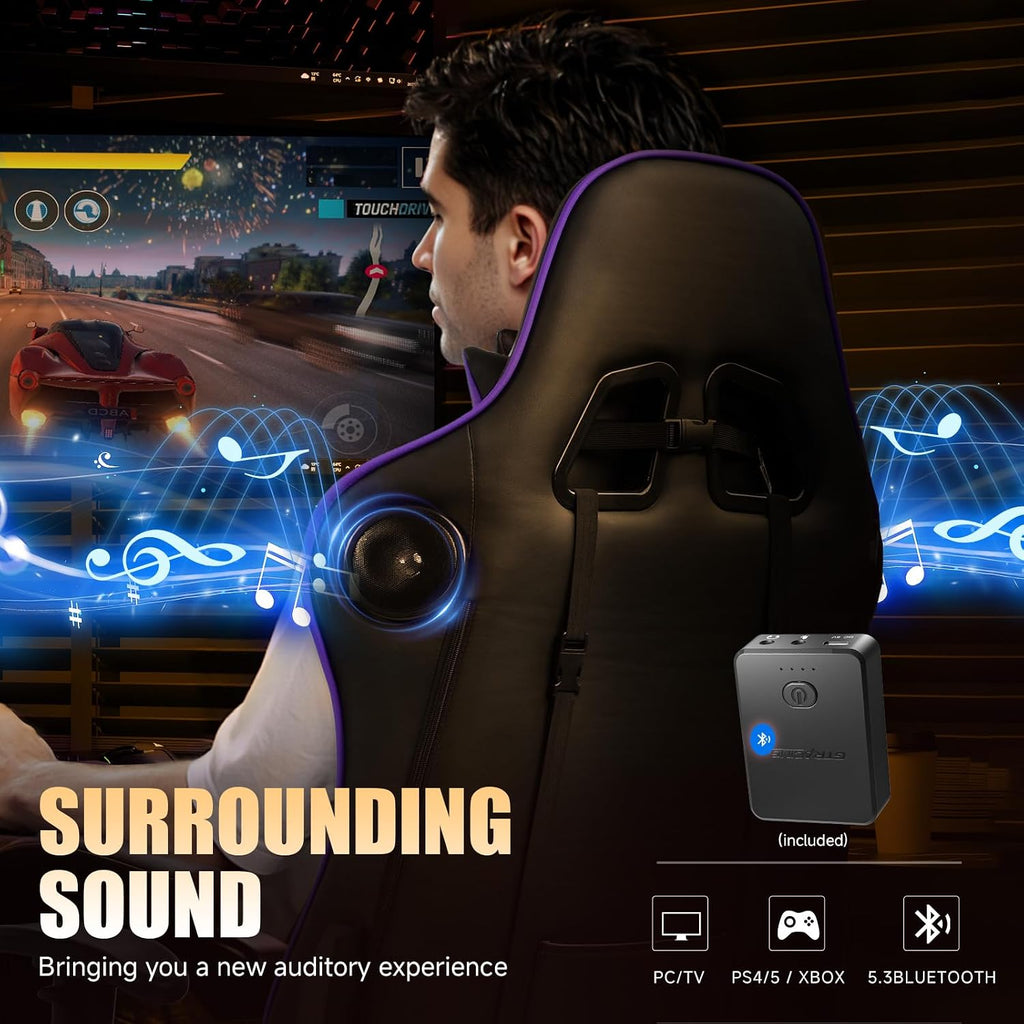 GTPLAYER Gaming Chair with Speakers,Video Game Chair Bluetooth Music with Lumbar Support, Ergonomic Comfortable Office Computer Chair for Adults, Adjustable Reclining Chair, 360° Swivel, Light Purple