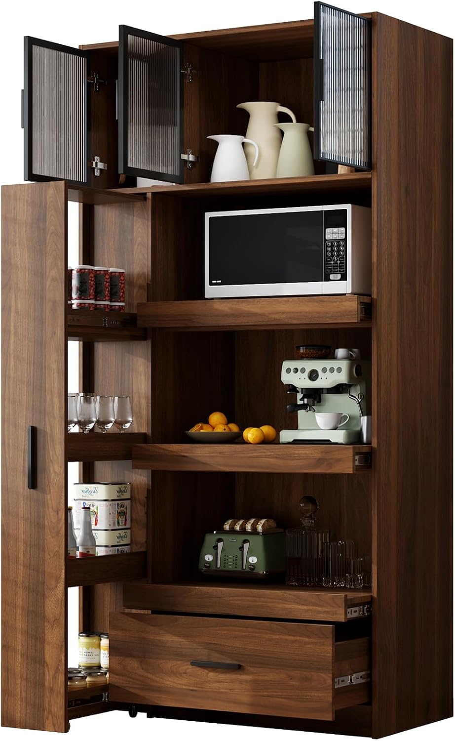 70.87" Tall Kitchen Pantry Cabinet, Walnut Wood Pantry Cabinet with 2 Drawers, 3 Sliding Tray, Aluminum Frame Glass Door Cabinets for Living Room, Dining Room,Garage,Basement, Walnut C