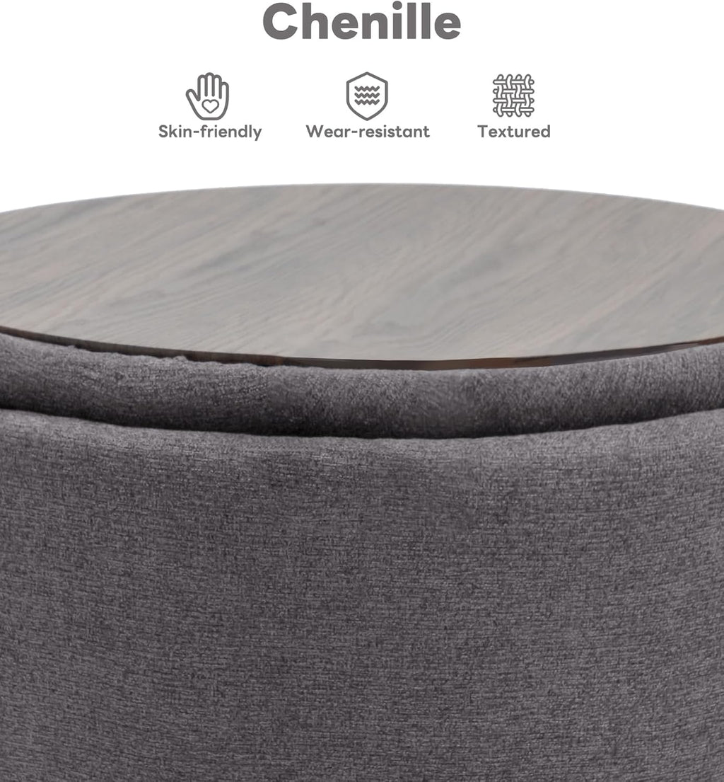 Tbfit Multi-Functional Round Storage Ottoman for Home - No-Assembly Footrest & Seat with Spacious Storage Plush Fabric Design for Living Room, Bedroom, Nursery (Dark Gray)