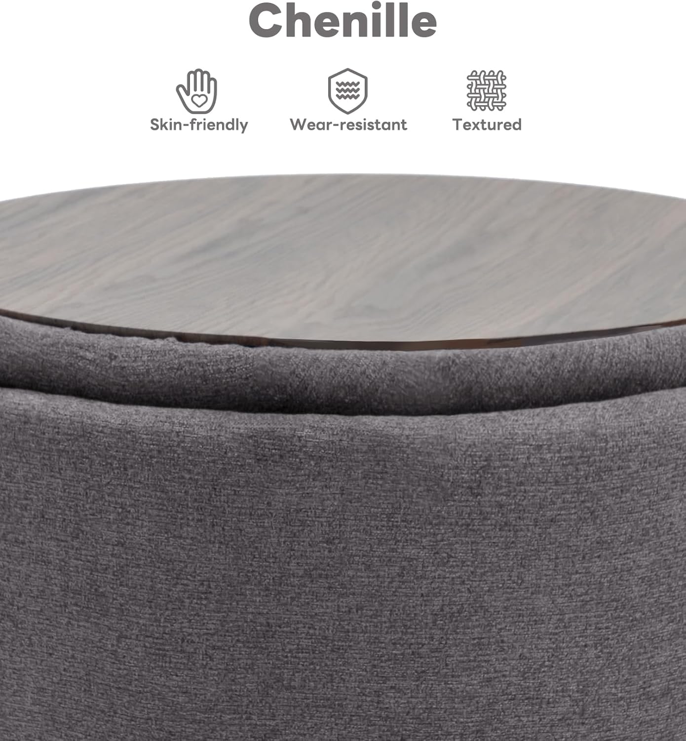 Tbfit Multi-Functional Round Storage Ottoman for Home - No-Assembly Footrest & Seat with Spacious Storage Plush Fabric Design for Living Room, Bedroom, Nursery (Dark Gray)