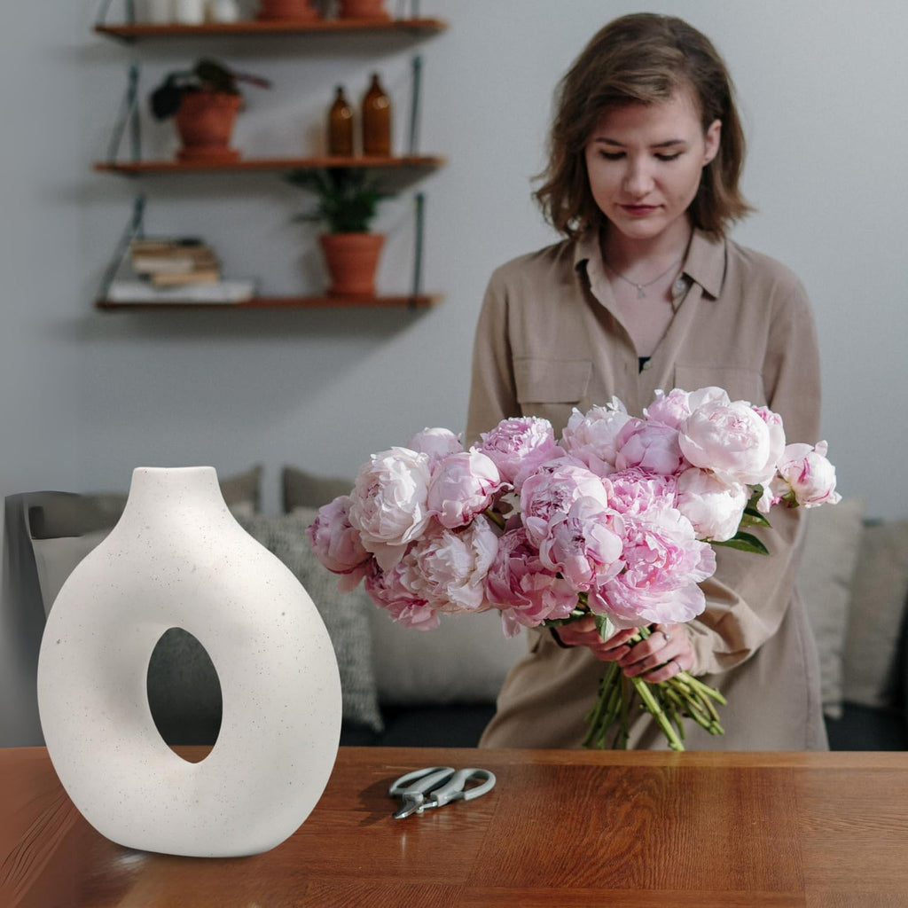Set of 2 White Ceramic Vases - Modern Nordic Minimalist Decor for Home, Dining Table, and Shelves (Large & Medium)