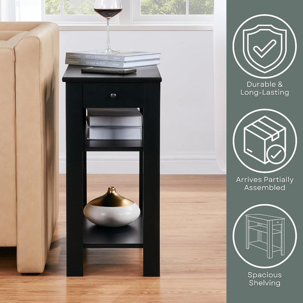 Convenience Concepts Designs2Go Baja Chairside End Table 23.75" - Transitional Narrow 3-Tier Side Accent with Storage Drawer & Shelves for Modern Living or Family Room, Bedroom Nightstand, Black