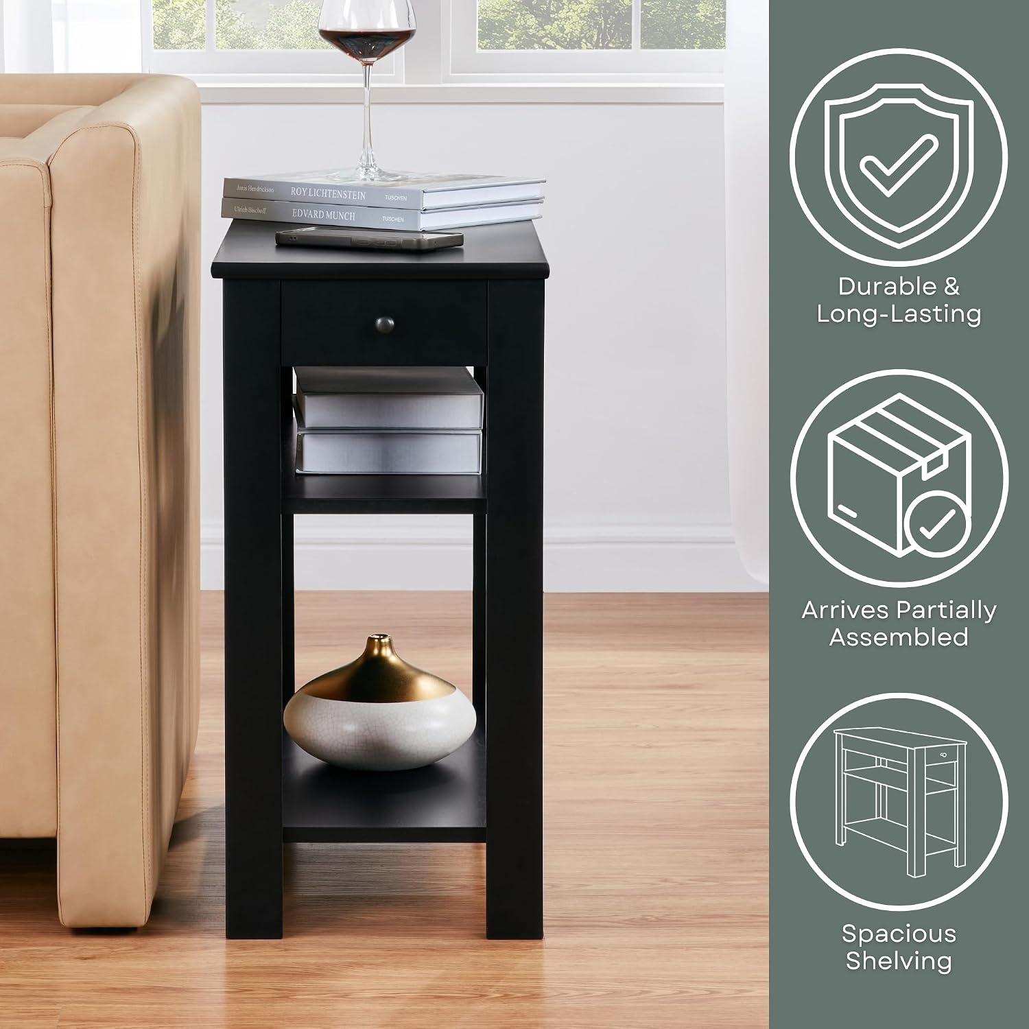 Convenience Concepts Designs2Go Baja Chairside End Table 23.75" - Transitional Narrow 3-Tier Side Accent with Storage Drawer & Shelves for Modern Living or Family Room, Bedroom Nightstand, Black