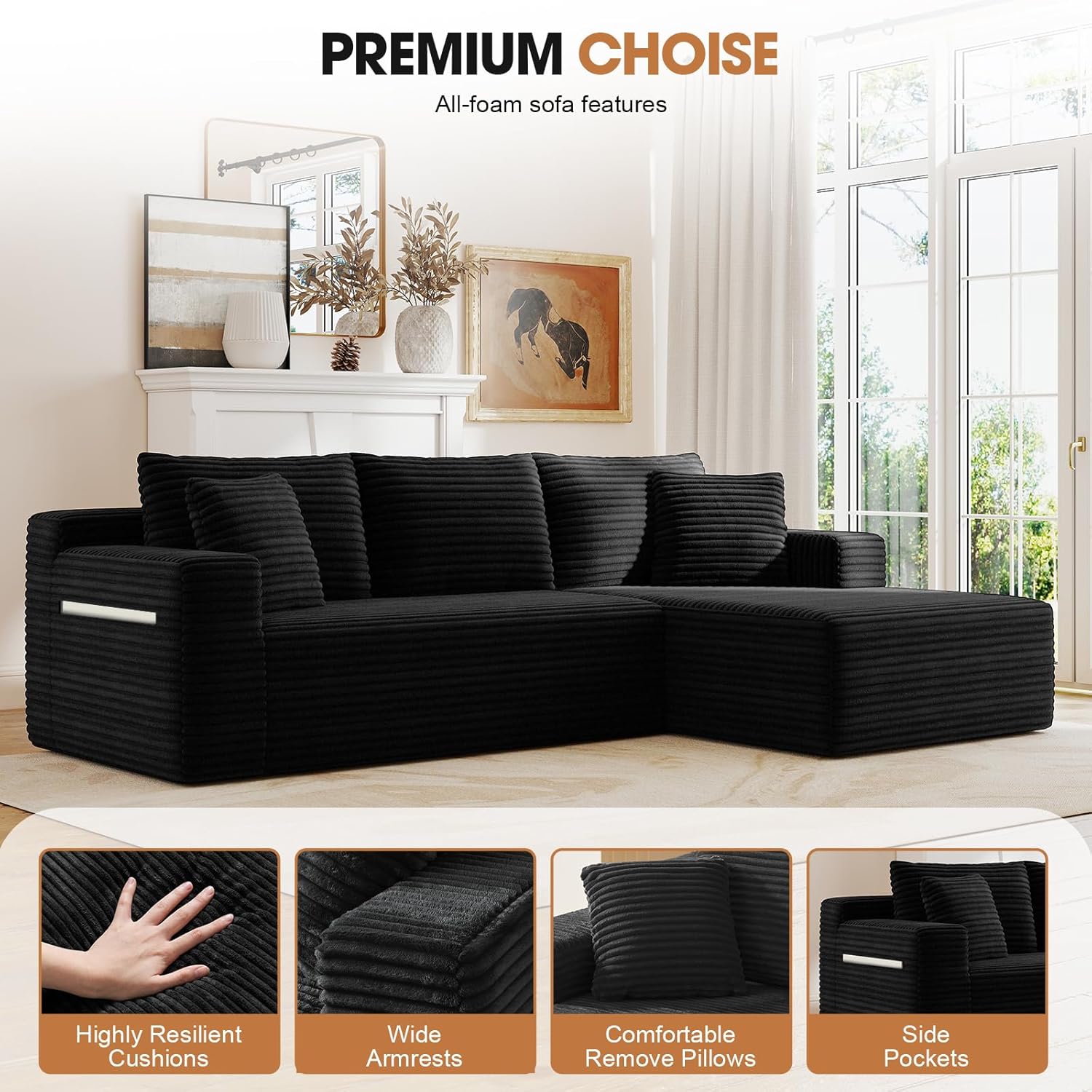 94.5" L-Shaped Cloud Sectional Couch for Living Room, Modern Minimalist Upholstered Boneless Sofa,Corduroy Fabric Modular Sectional Sofa with Chaise, No Assembly Required (Black, Right)