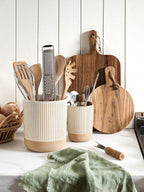 LE TAUCI Ceramic Kitchen Utensil Holder Set of 2 - 6.9"+5.3" Large Cooking Utensil Crock & Organizer for Spatula, Spoon, Whisk - Farmhouse Countertop Storage, Cream Beige, Line