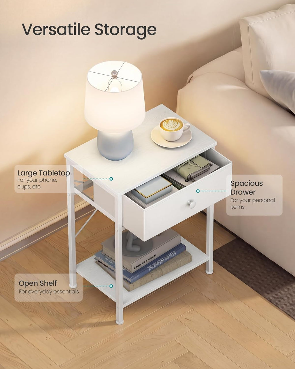 SONGMICS Bedside Table, Side End Table with Drawer, Nightstand with Lower Shelf for Bedroom, Living Room, 11.8 x 15.6 x 23.8 inches, Cloud White, BELLAH Collection ULGS101W101S